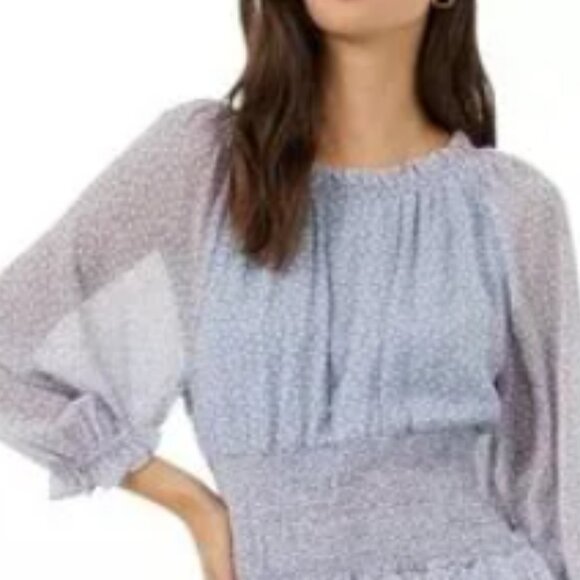 NEW French Connection Sheer Smocked Waist Tiered-Skirt Blue Dress - Picture 6 of 16